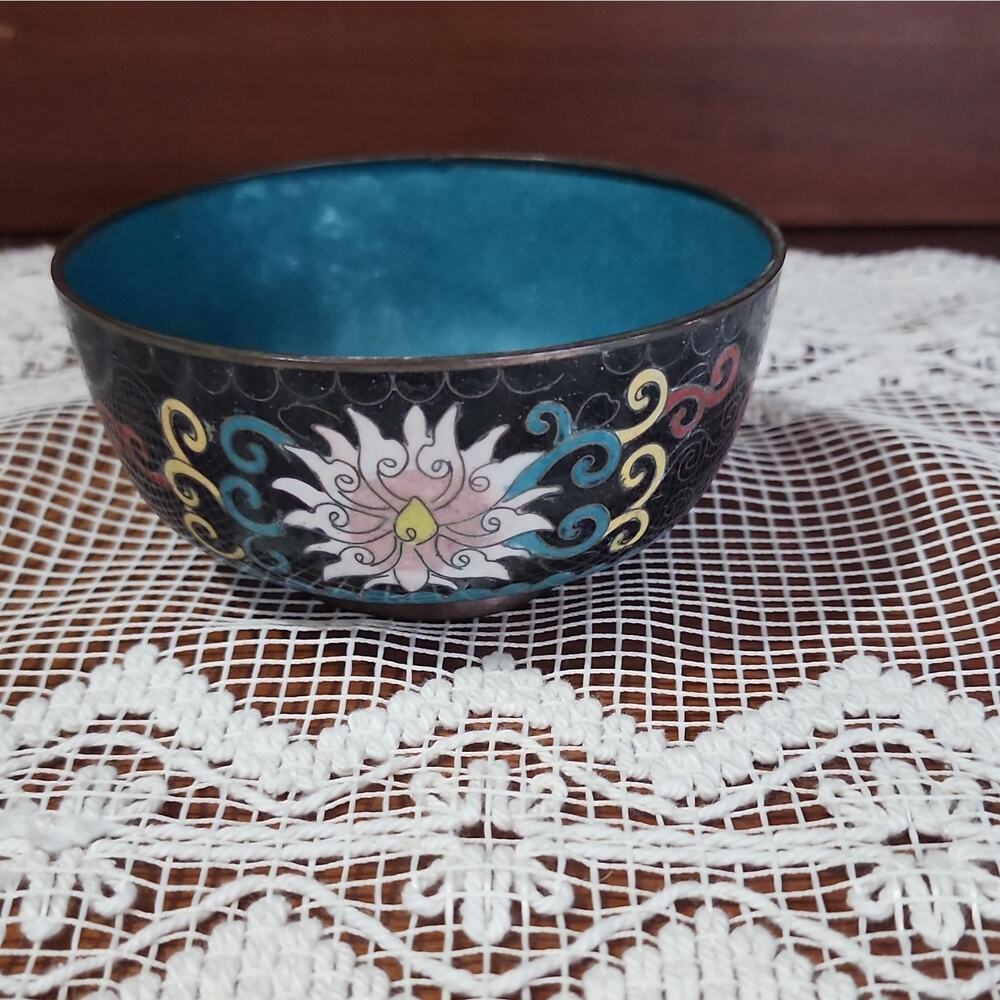 Blue & Black Floral Ceramic Decorative Bowl, Round, Glossy Finish, Multicolor